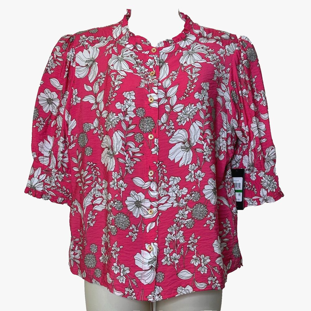 Tommy Hilfiger Pink White Floral Button Down Puffed 3/4 Sleeve Top Women's L